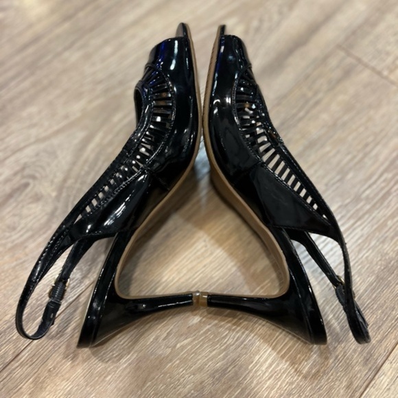 Coach and Four Slingback Black Open Toe Heels with Cut Out Elements - Picture 7 of 14